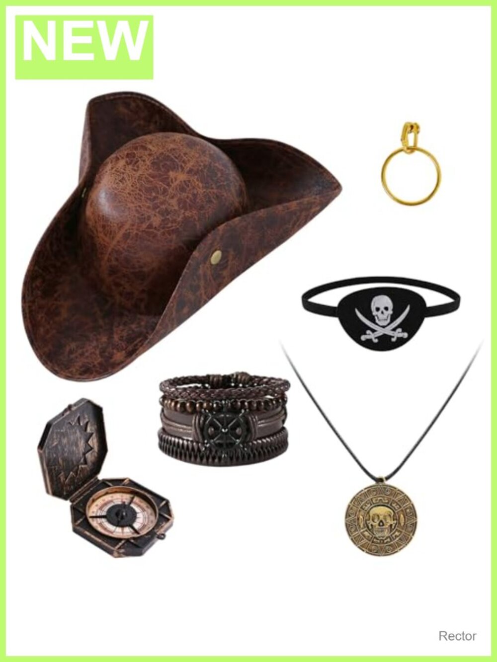 Faux Leather Pirate Tricorn Hat Eye Patch Necklace Costume Accessory Set